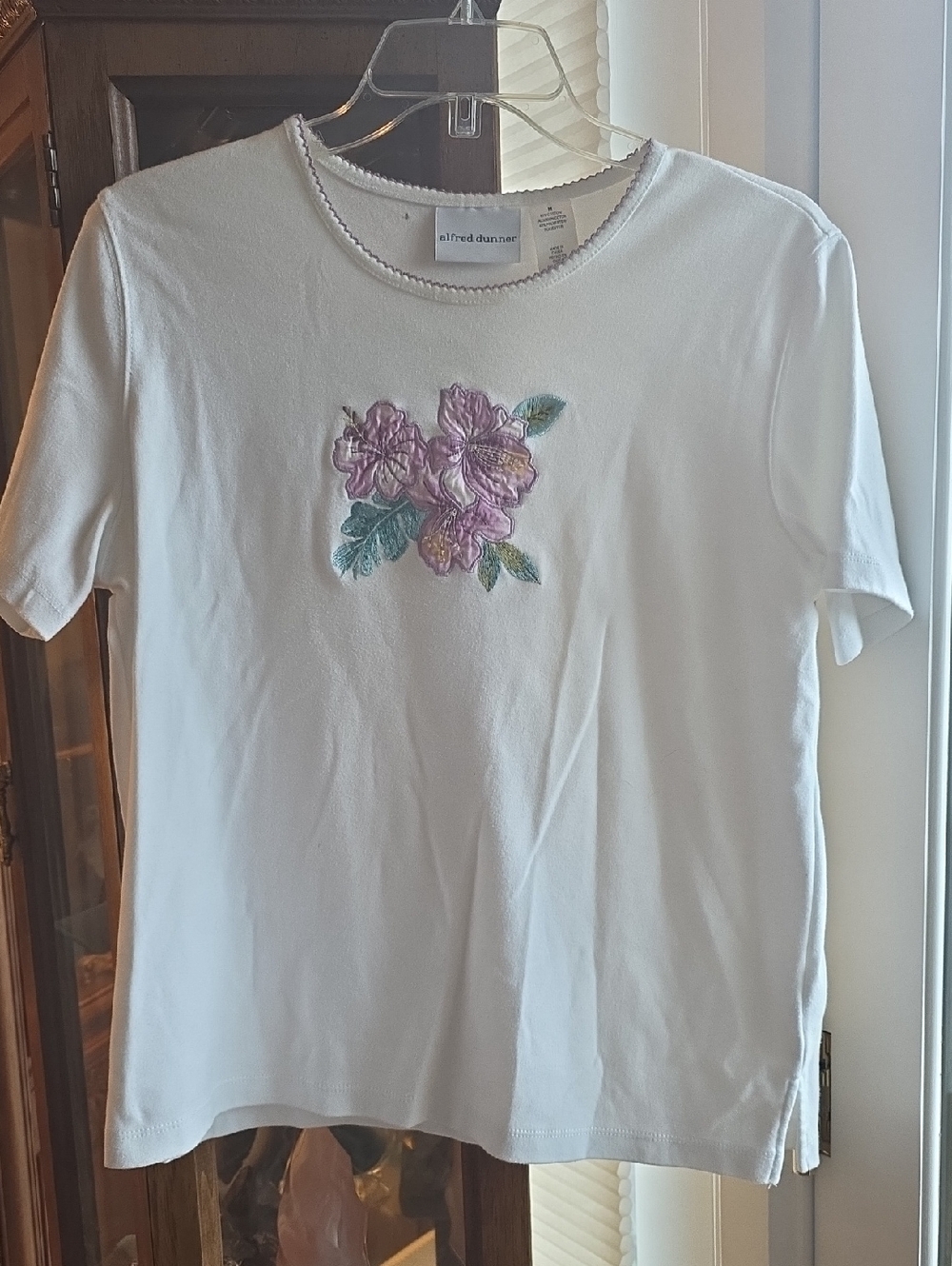 Alfred Dunner White Tee with Lavender Floral Embroidery